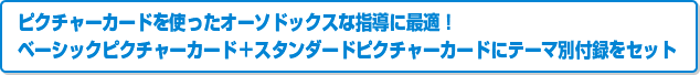 ピクチャーカードを使ったオーソドックスな指導に最適!ベーシックピクチャーカード+スタンダードピクチャーカードにテーマ別付録をセット