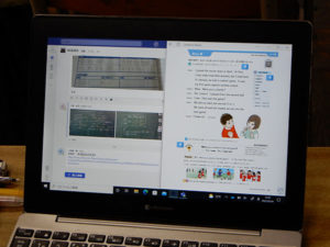学習者用デジタル教科書(右)とTeams(左)を同時に表示して前時の板書や課題を確認する生徒もいる
