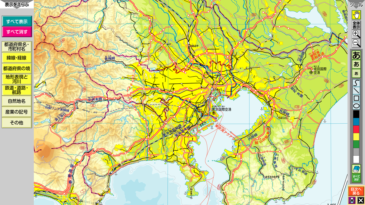 「新しい社会 地図」は,教師用指導書に,世界や日本の一般図について要素の表示・非表示を調整できるツールなど を収載した,デジタルコンテンツ集が付属する予定です。